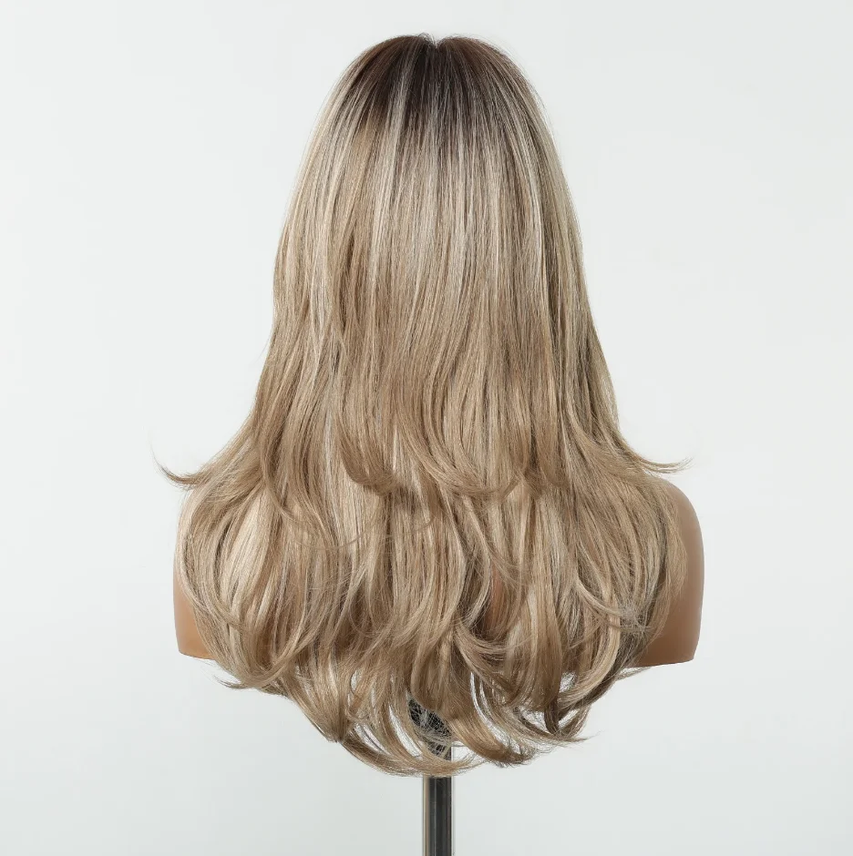 Perruques sans colle pré-épilées pour débutants, perruques synthétiques avant en dentelle avec frange, perruques blondes longues couches à racine foncée, perruques Body Wave