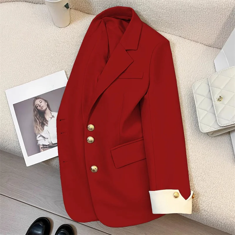 Blazer Block Color Suit Metal Jacket Hepburn Style Coat Women Clothing Autumn Elegant Casual All-match French 2024 Lady Trend