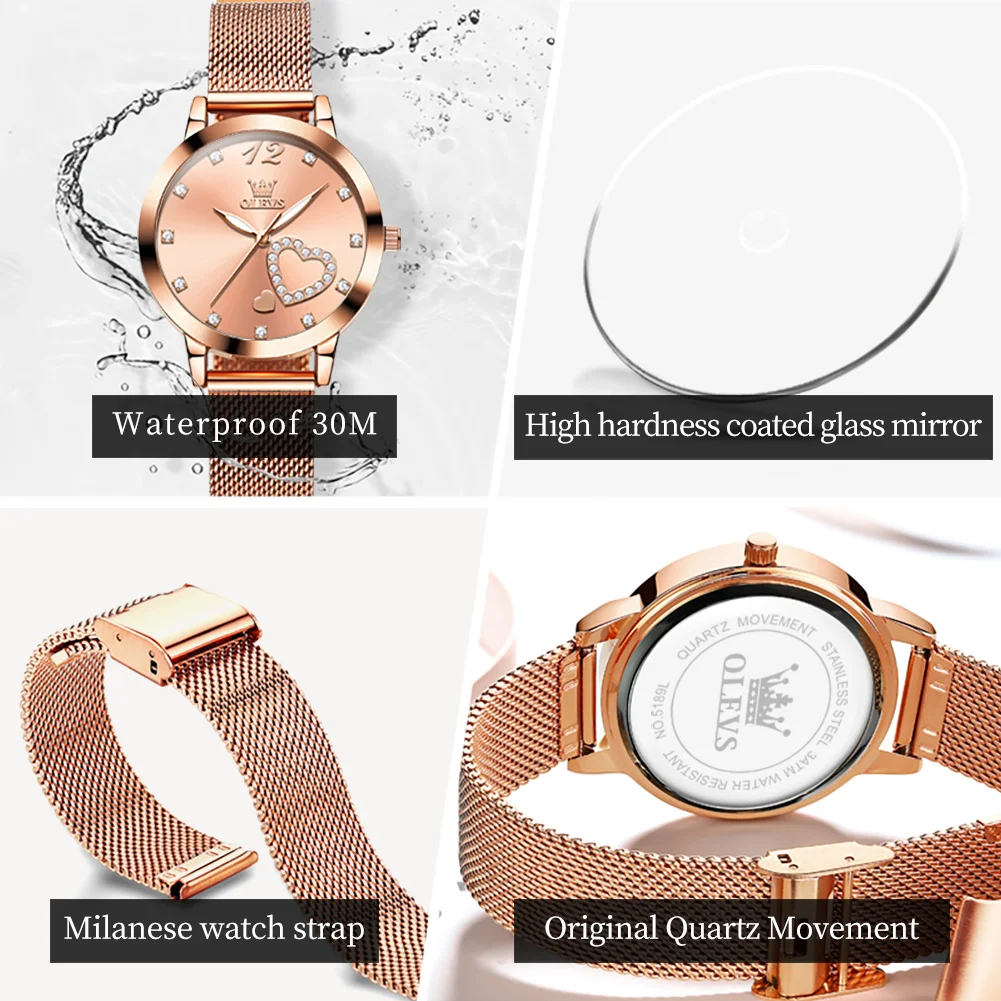 OLEVS 5189 Quartz Watch for Women Diamond Love Heart Design Fashion Elegant Rose Gold Mesh Steel Strap Waterproof Ladies Watches view 6