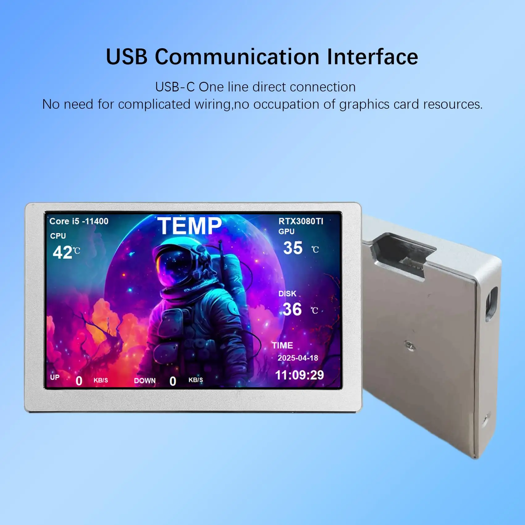 PC 케이스 CPU GPU 온도용 USB 유형 C 및 9핀 케이블이 포함된 5인치 실버 IPS LCD 모니터