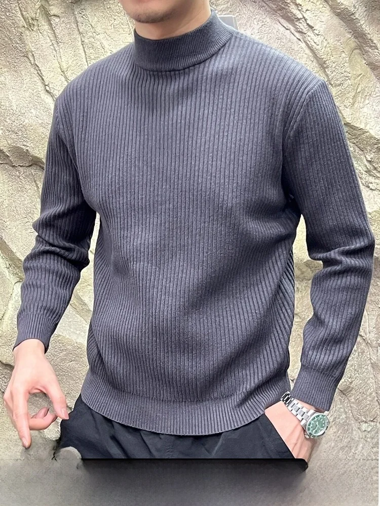 

Модный городской мужской вязаный свитер с высоким воротом, теплый, однотонный, осенне-зимний, с текстурным полосатым узором