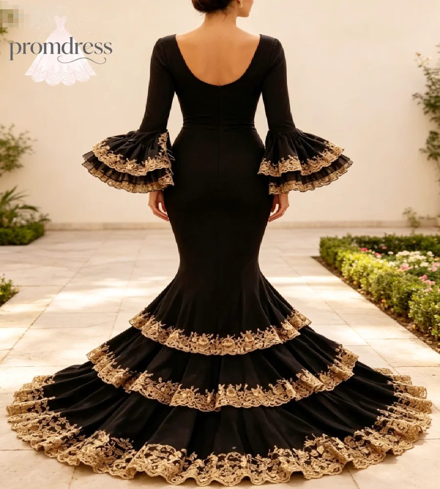 Black Gold Flamenco Prom Dress 2027 Spanish Mermaid Bell Ruffle Sleeve Gold Lace Evening Gowns Folk Performance Stage Formal