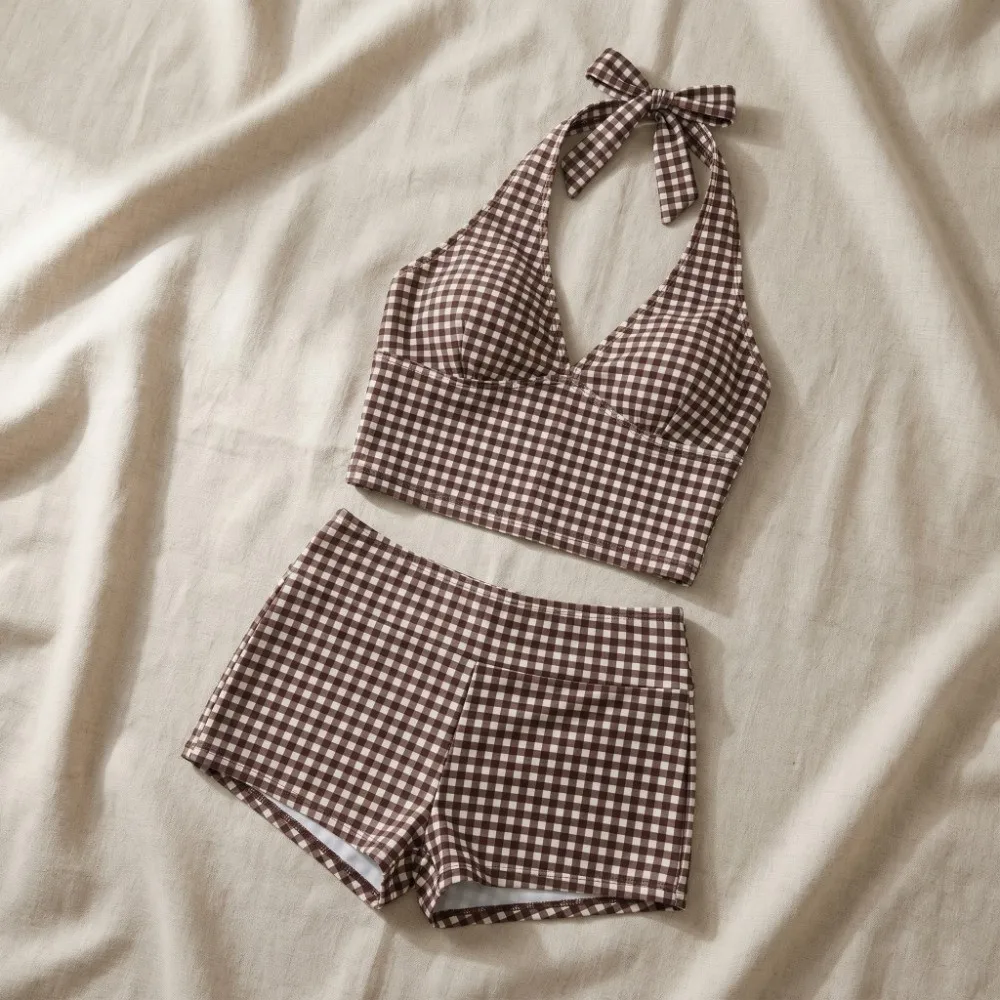 

Стильный комплект бикини из двух частей с лямкой через шею, в стиле Y2K, облегающий, в полоску, с V-образным вырезом, летний, в клетку, для женщин