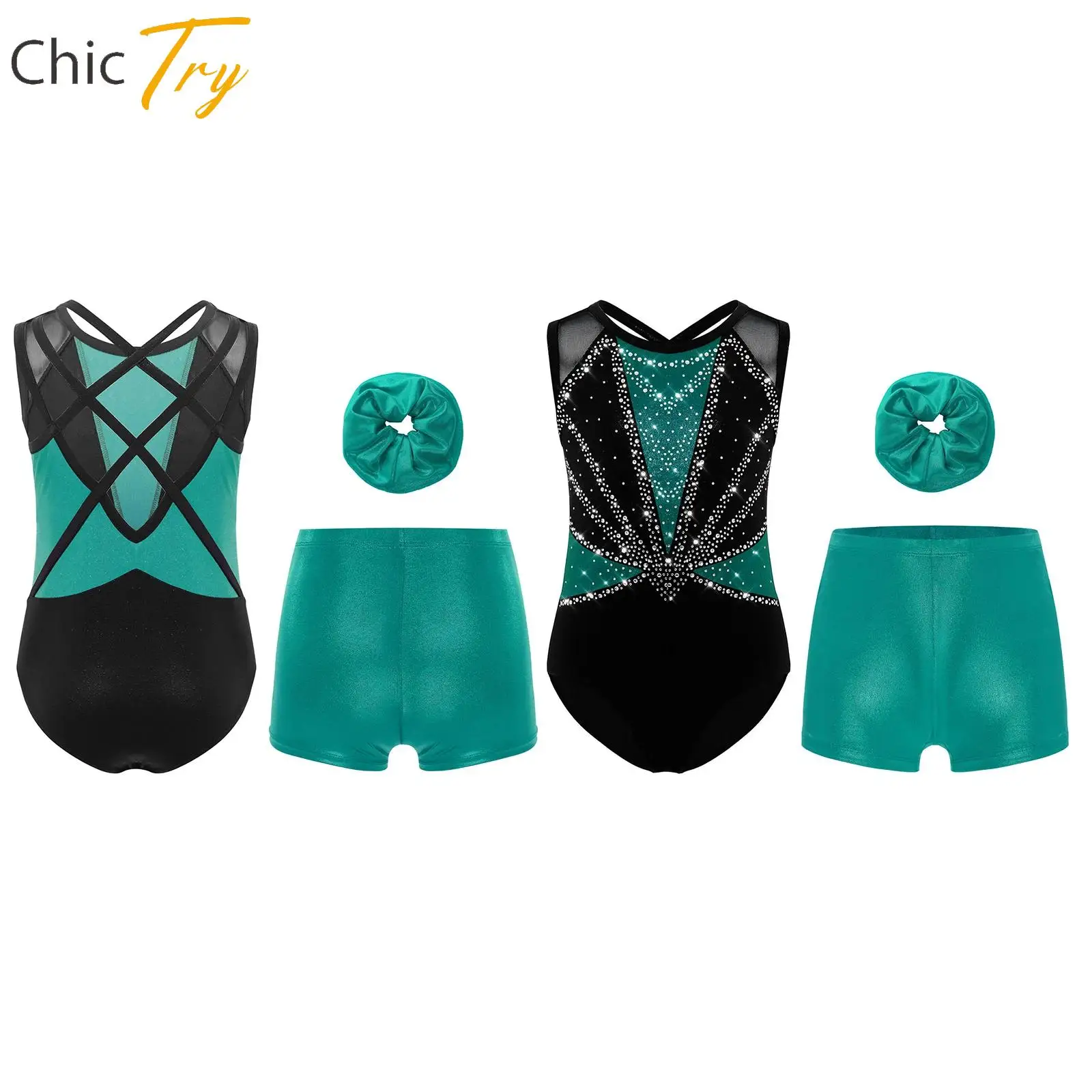 

Girl Figure Skating Dance Set Sleeveless Color Block Leotard+Shorts+Hairband Rhinestones Ballet Gymnastics Performance Dancewear