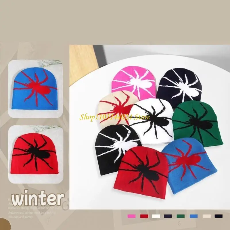 N5KE Knit Jacquard Spiders Pattern Hat Students Outdoor Cycling Skiing Hat Halloween Winter Keep Warm Hat for Couple