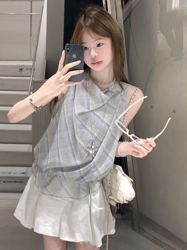

Blue Plaid Gentle Wind Hanging Neck Strap Vest Fashionable Summer New Style Age Reduction Top Women's Set/Work Uniform