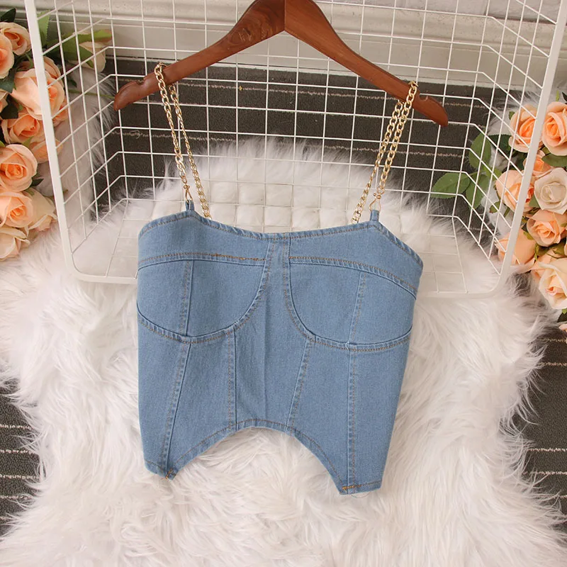 Women Denim Skirts 2pcs Suits Spaghetti Strap Vest Tops + High Waist Pleated Jeans Mini Skirt Clothing Sets Outfits