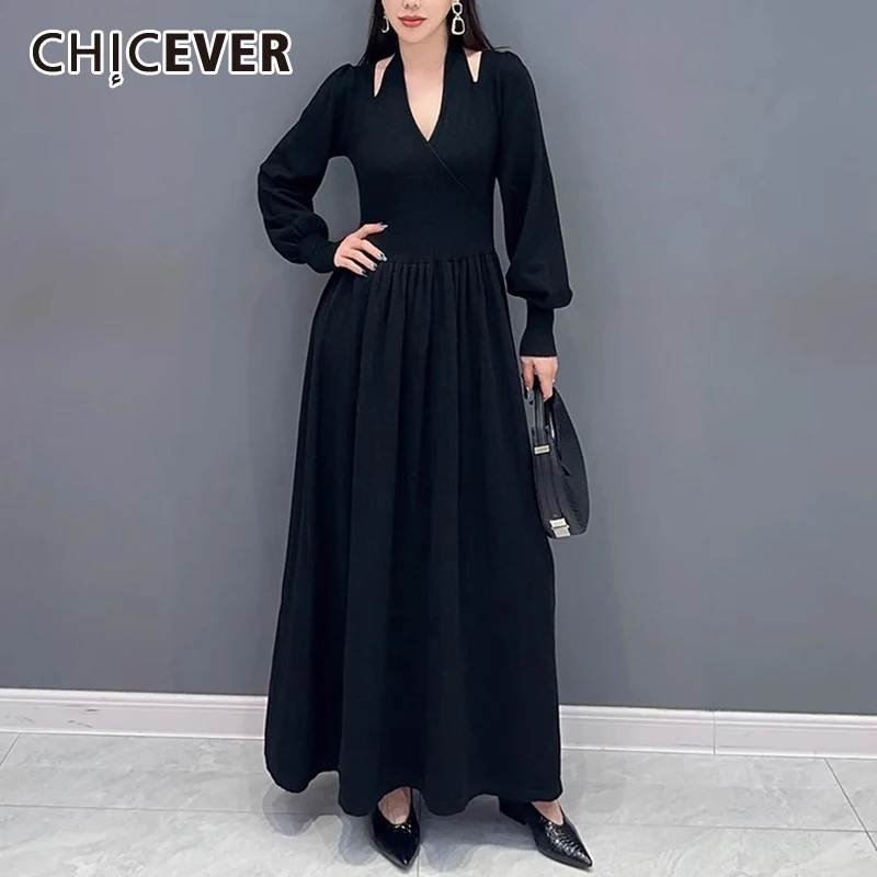 

CHICEVER Black Knitted Long Dress For Women V Neck Hollow Out Lantern Sleeve High Waist Spliced Folds Dresses Female Clothes New