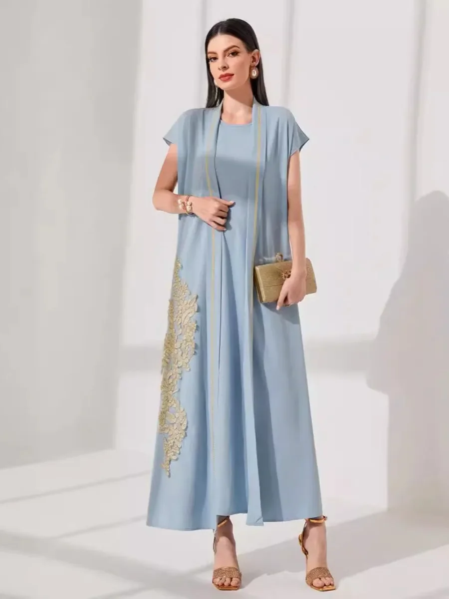 Eid Muslim Women Long Robe Suits Abaya Embroidery Dress Islamic Worship Jalabiya Dubai Arabic Ensembles Vestidos 2 Piece Set