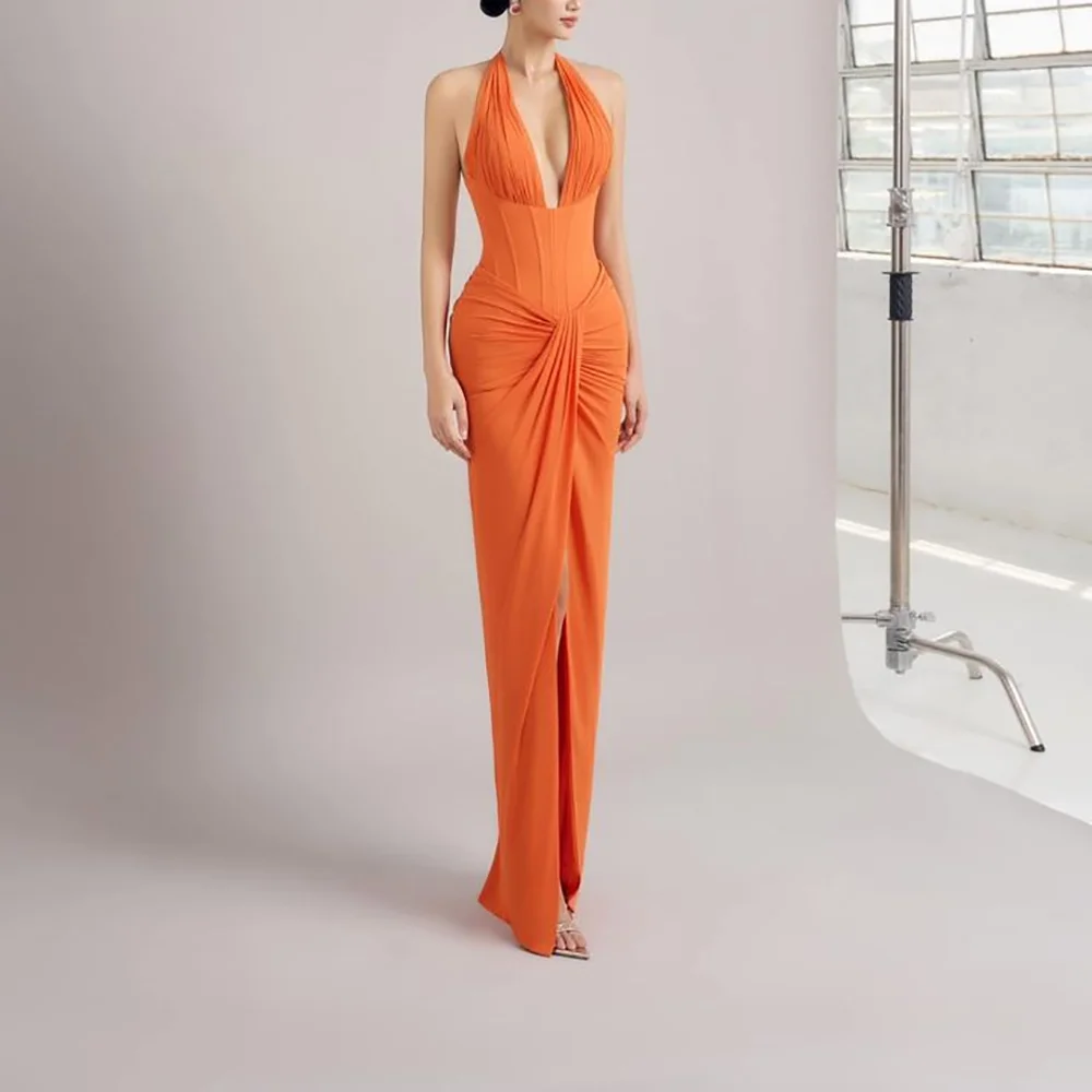 

Fashion Orange Wedding Dresses Sexy Deep V Neck Bridal Wedding Gowns Custom Made Floor Length Mermaid Prom Dress Robe De Mariee