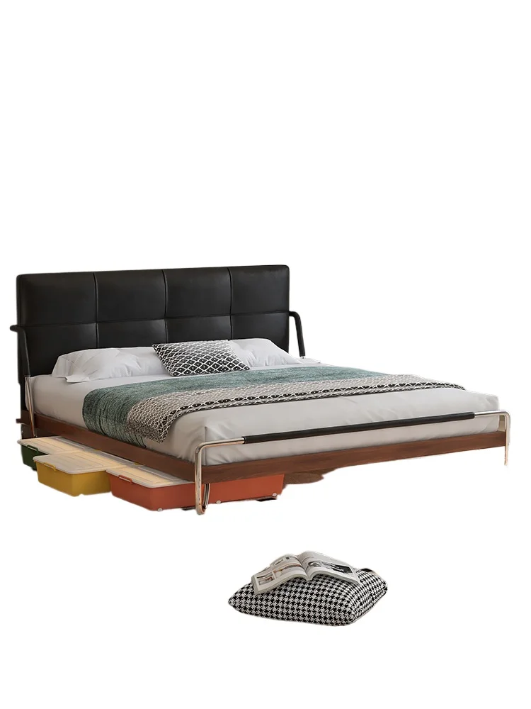 

Medieval style black and clever leather bed retro master bedroom very simple thin bedside double bed solid wood soft bag