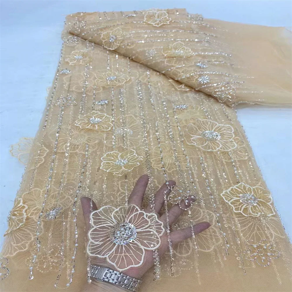 2024 Latest African 3D Flower Lace Fabric Beaded Sequins Tulle Lace Fabric Embroidered Applique Nigerian Fabric for Dress Sewing