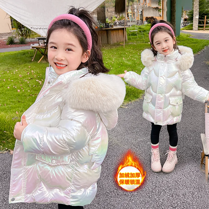 2024 Winter Coats Girls Warm Long Down Jackets Kids Fashion Unicorn Shiny Waterproof Parka Children Fur Collar Hooded Outerwear