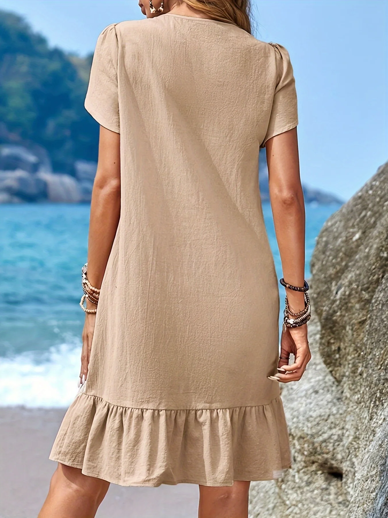 ผู้หญิงฤดูร้อนแขนสั้นเข่าความยาวชุดรอบคอกลีบแขน Ruffle Hem Smock Dress