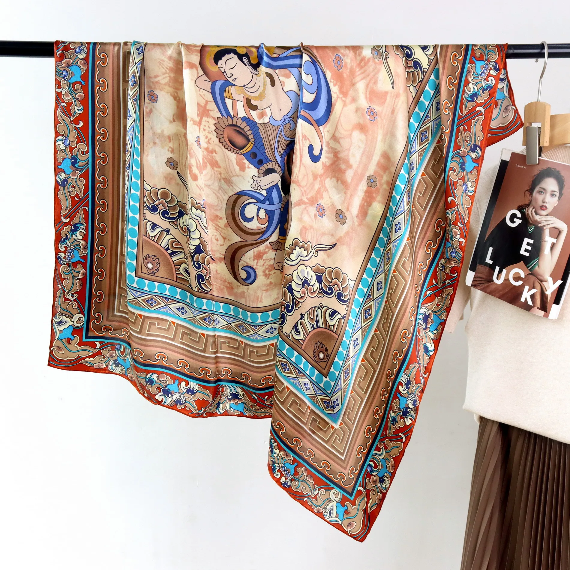 

High-end and Elegant Women Fine Dunhuang Mural Rebounded Pipa Print Quality Plain Satin Silk Hand-rolled Edge Large Scarf Shawl