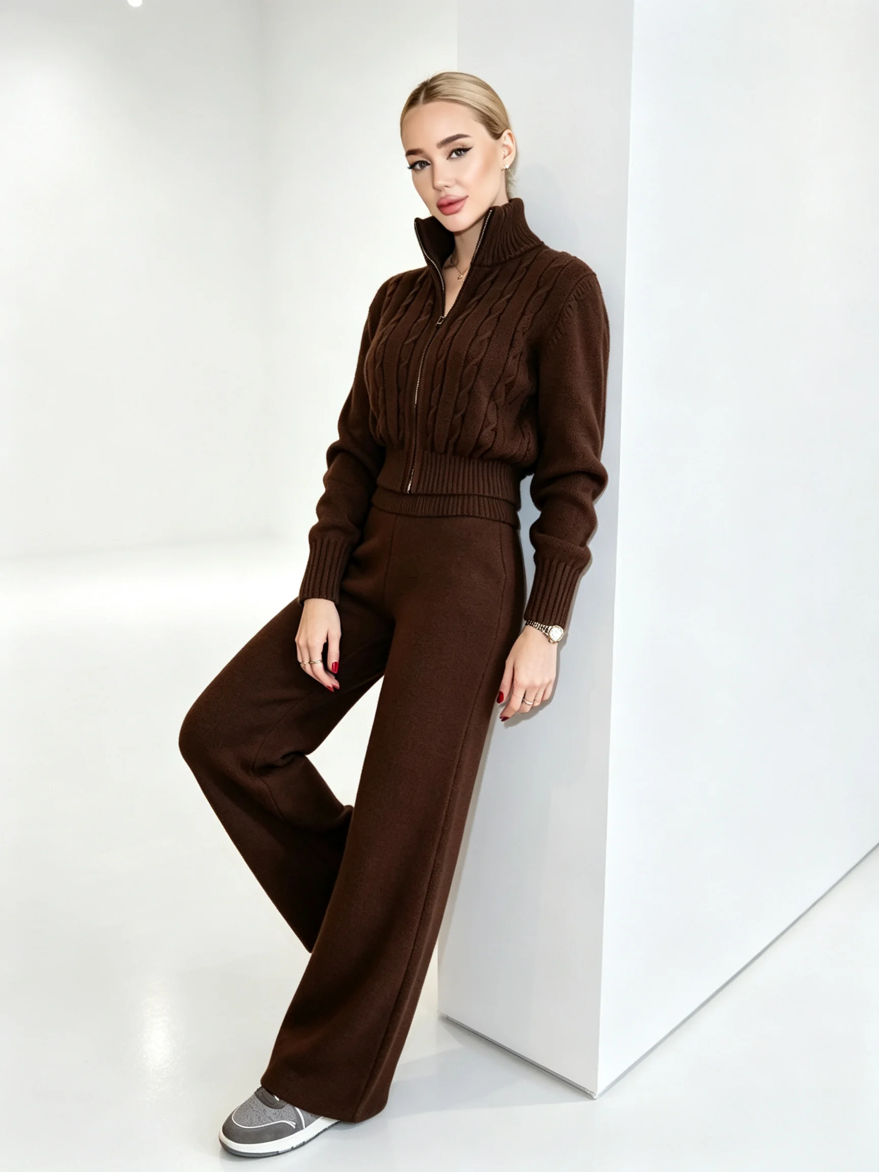 Bornladies Elegantes Zweiteiliges Damen-Set mit Hohem Kragen und Vollreißverschluss-Design, Oberteil und Hose, Geeignet für den Alltag und den Winter. – Detail 7