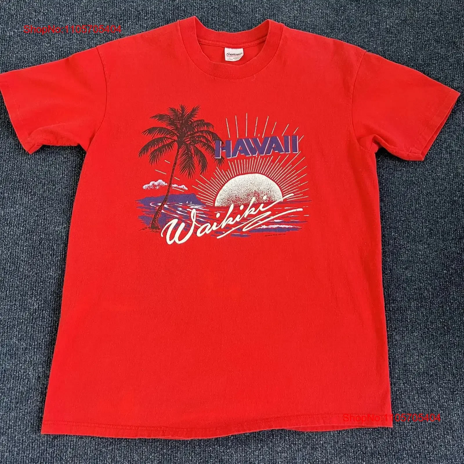 Vintage Hawaii Waikiki T Shirt Mens Large Red Sunset Palm Tree 80s long or short sleeves vintage Washed Stylish Unisex fashion
