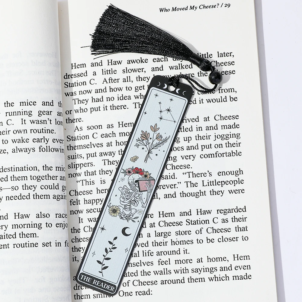 

Gothic Celestial Stainless Steel Black Bookmark - Skull with Flower Crown & Starry Night Design, Black Tassel for Readers