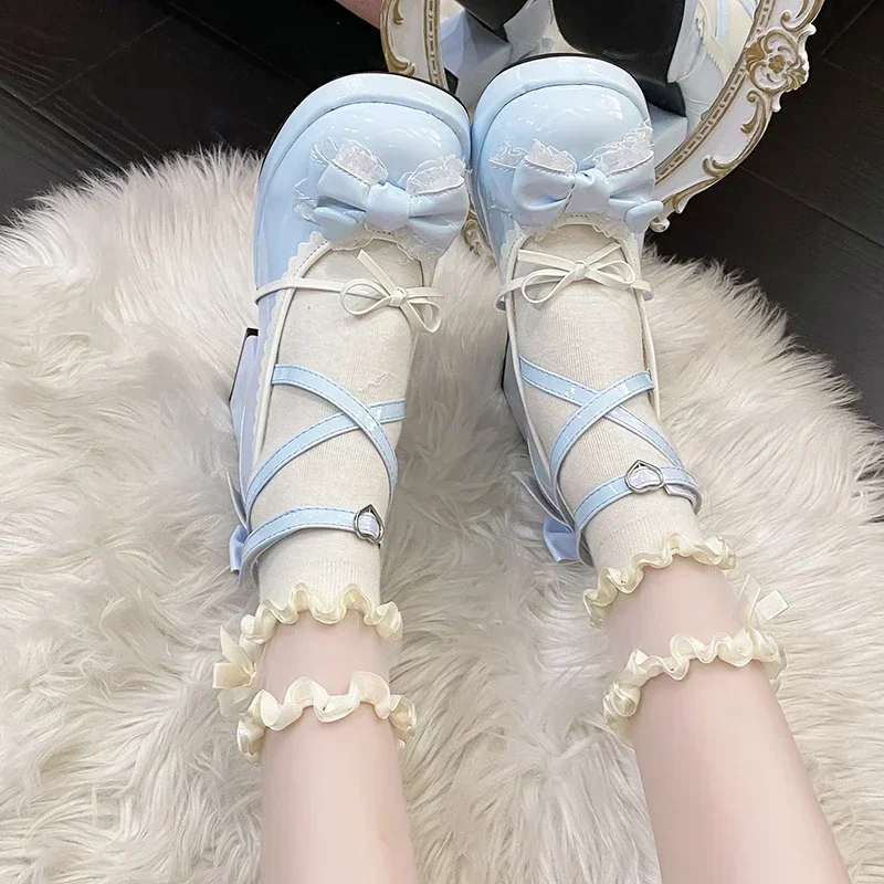 Women Platform Lolita Shoes Bow Mary Janes Shoes Party High Heels Trend Kawaii Leather Shoes Lace Fashion Chunky Heeled Pumps - view 3