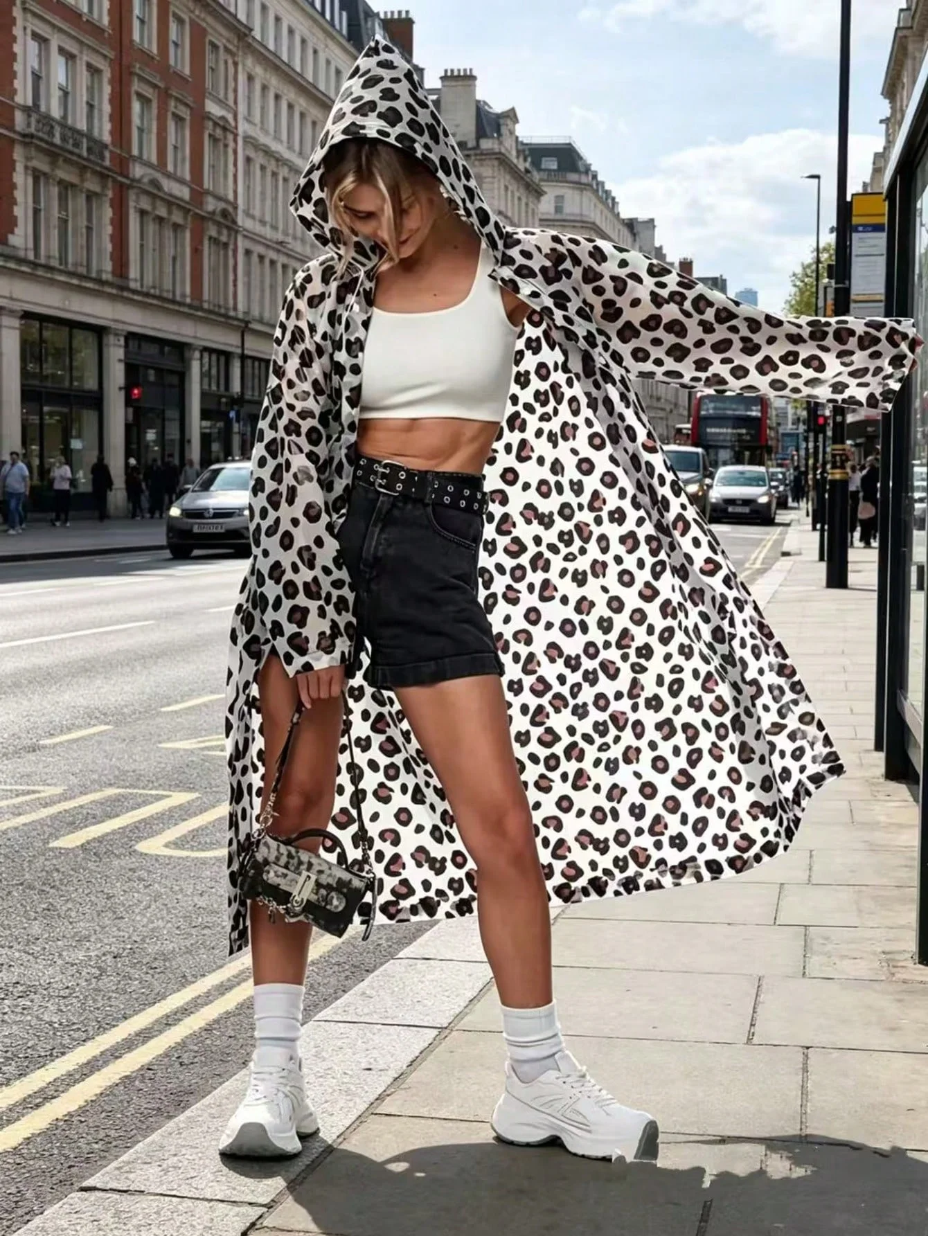 EVA Fashion Leopard Pattern Raincoat - Portable Four Seasons Raincoat with Adjustable Hoodie and Side Pocket for Outdoor