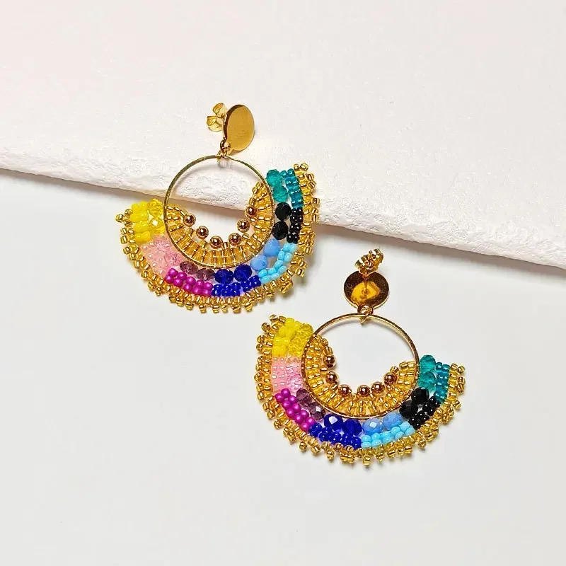 Rice bead earrings Sector Crystal Circle Hollow out Fashion Hand knitting Bohemia Originality Chroma Geometry  Beaded earrings