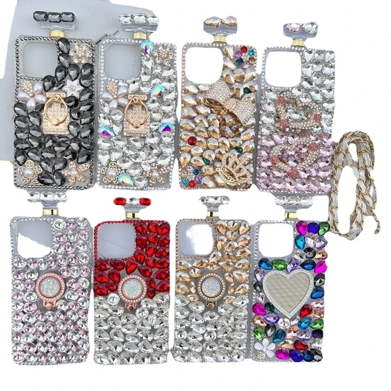 Handmade Perfume Bottle for iPhone16 15 13 12,Diamond Rhinestone Case with Neck Strap, Bling Glitter Crystal, Clear Cover, 14Pro