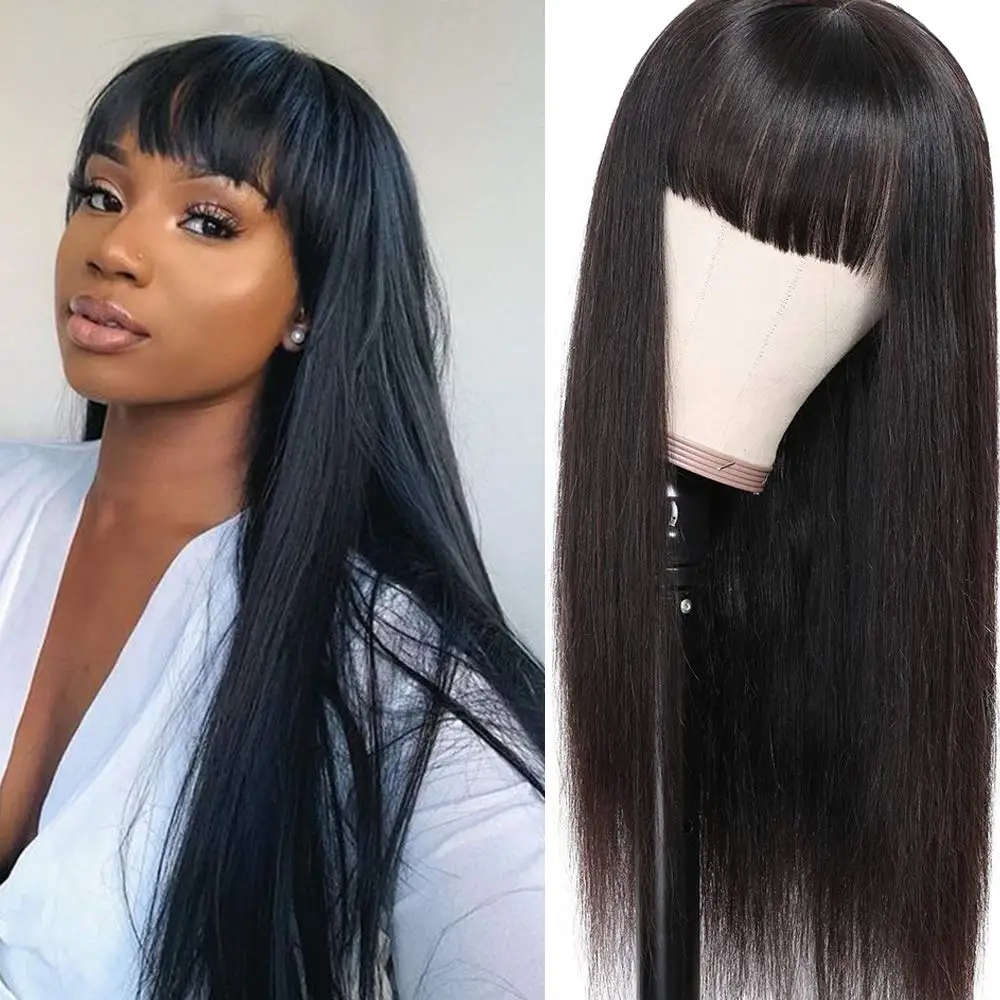 

Straight 100% Human Hair Wigs With Bangs For Women Full Machine Made Brazilian Human Hair Cheap Wig On Sale Clearance