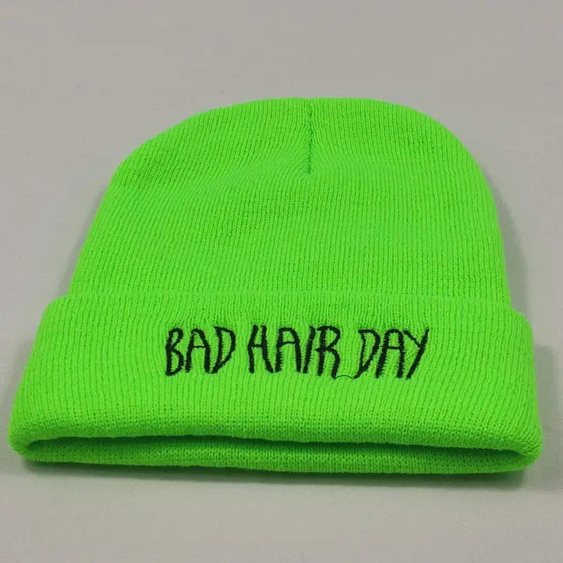 Embroidery Texts Winter Hats for Men Knit Women Beanie Neon Yellow Neon Green Red Grey Soft Stretchy Acrylic Yarn