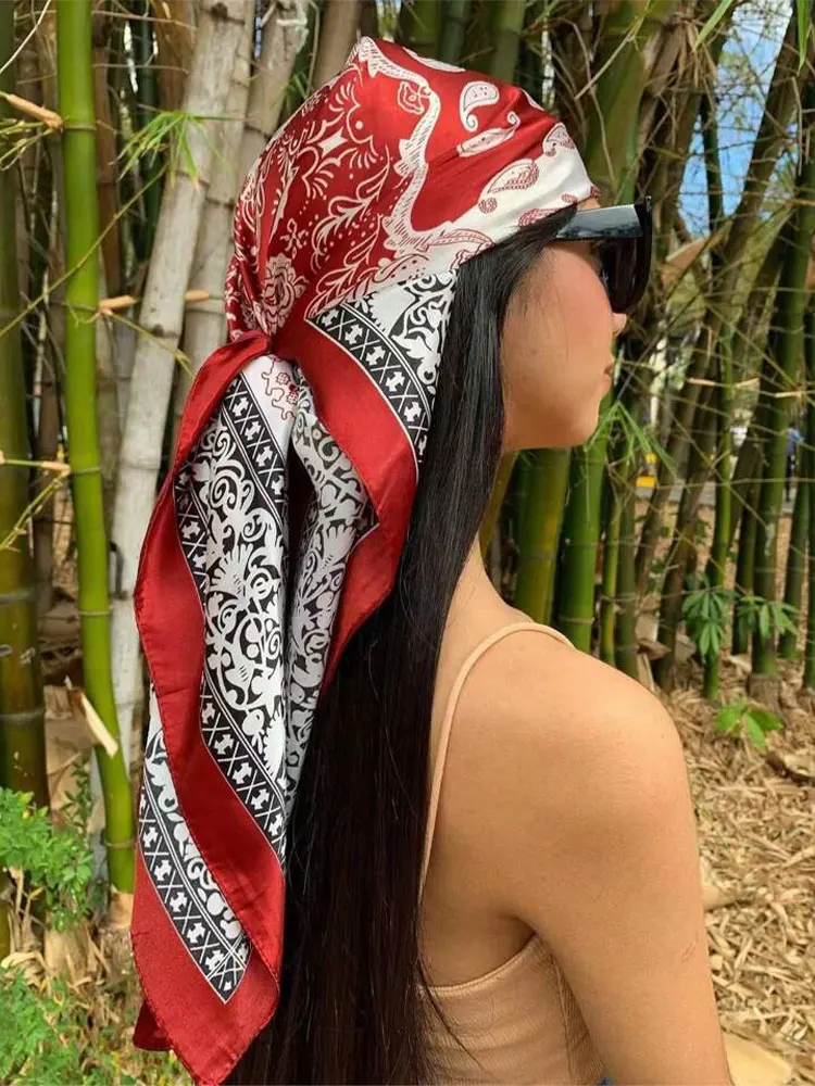 New Brand Print Headband Scarf Women Fashion 90*90cm Silk Satin Hijab Bandana Neckerhicef Sun Protection Shawl Wrap Headscarf image 3
