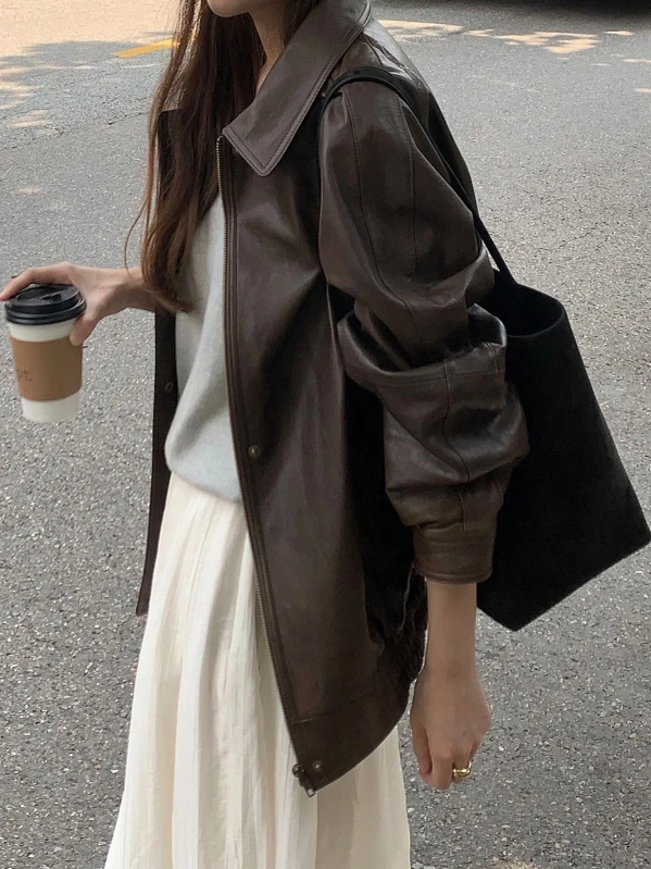 جاكيت نسائي أنيق من الجلد الصناعي بتصميم عصري، ياقة وسحاب، فضفاض ومتعدد الاستخدامات، بأسلوب الدراجات النارية العصري #4