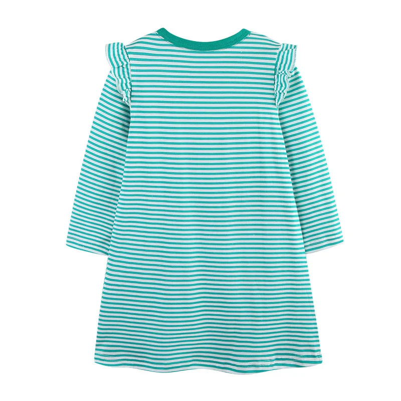 

Jumping Meters 2-7T New Autumn Party Girls Dresses Long Sleeve Floral Applique Baby Clothing Striped Pockets Toddler Costume