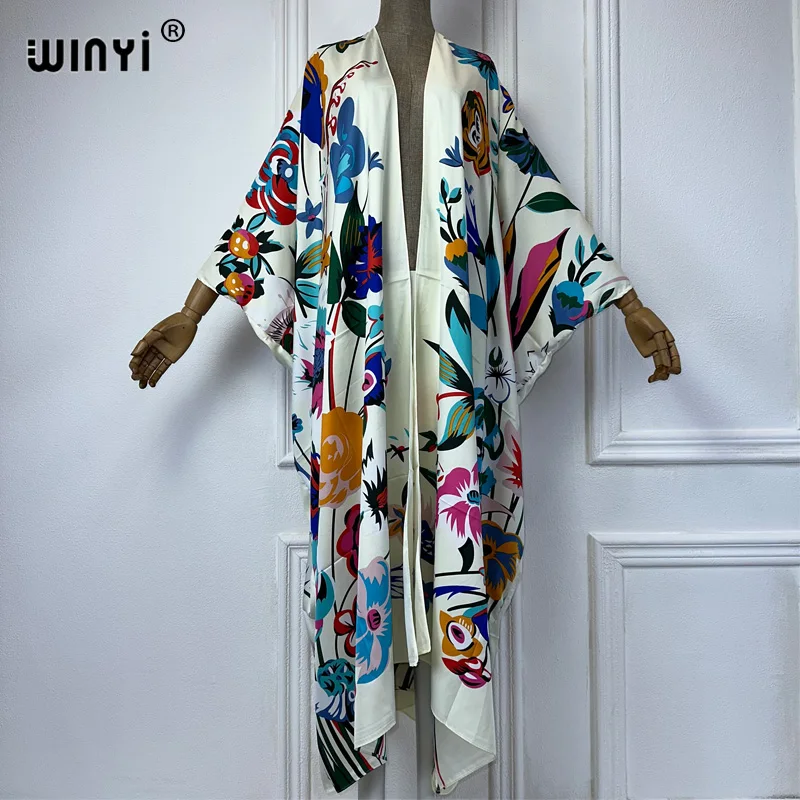 WINYI moda letnia plaża Boho kwiatowy nadruk Cover Up sweter eleganckie wakacyjne Kimono stroje plażowe kobiety sukienka kaftan