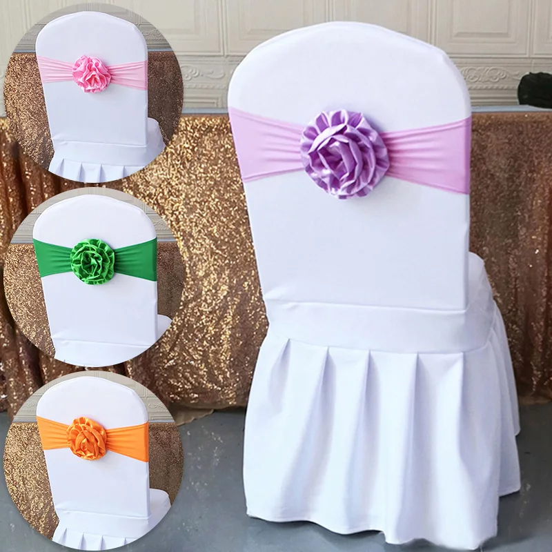 Solid Color Satin Chair Back Flower Grace Minimalist Wedding Chair Decorated Bow Flower Hotel Props Banquet Chair Elastic Strap