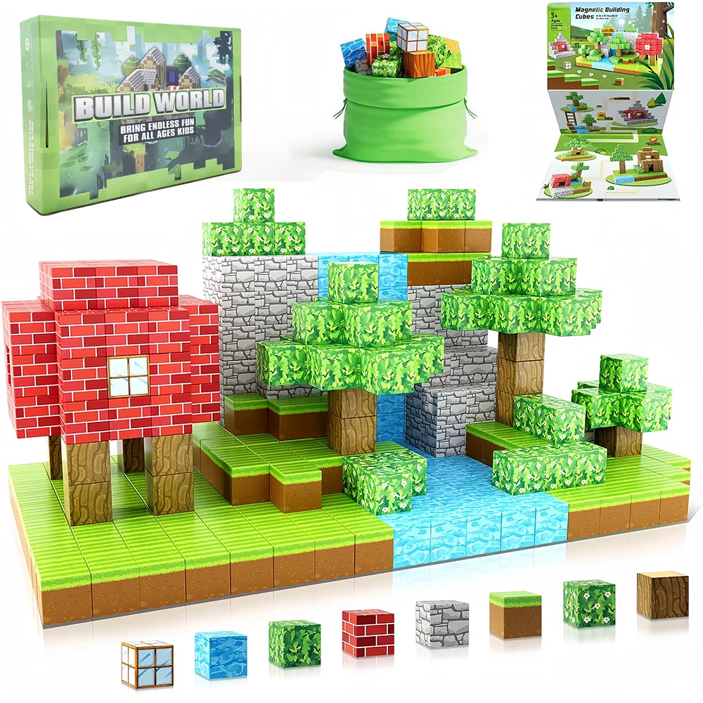 100PCS Magnetic Blocks Build Mine Magnet World Set for Kids Magnet Construction Set STEM Montessori Sensory Cubes for Toddlers