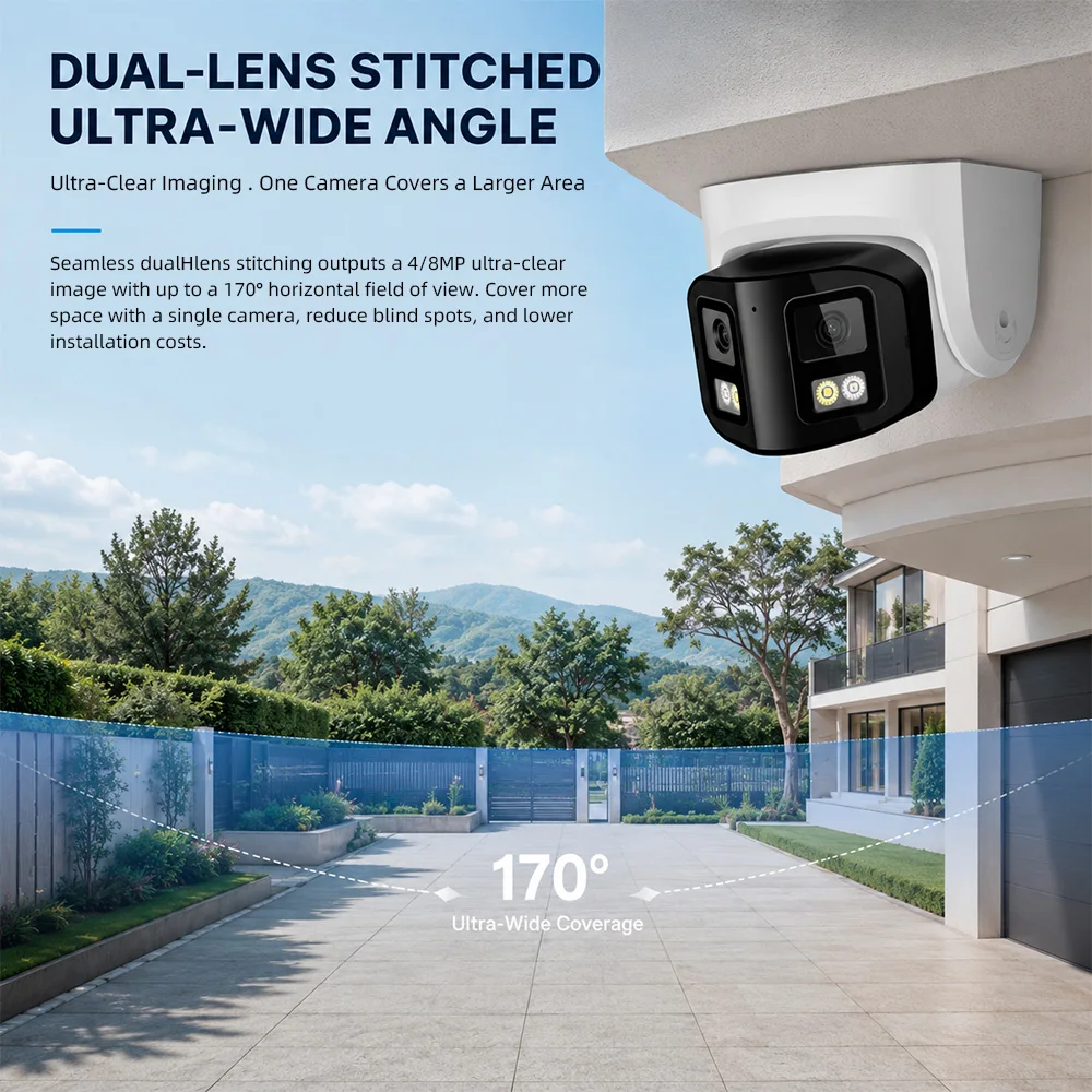 KERUI 8MP POE Camera 170° View Home Square Parking Lot Security Dual Lens Human Vehicle Detect CCTV Surveillance Color Version