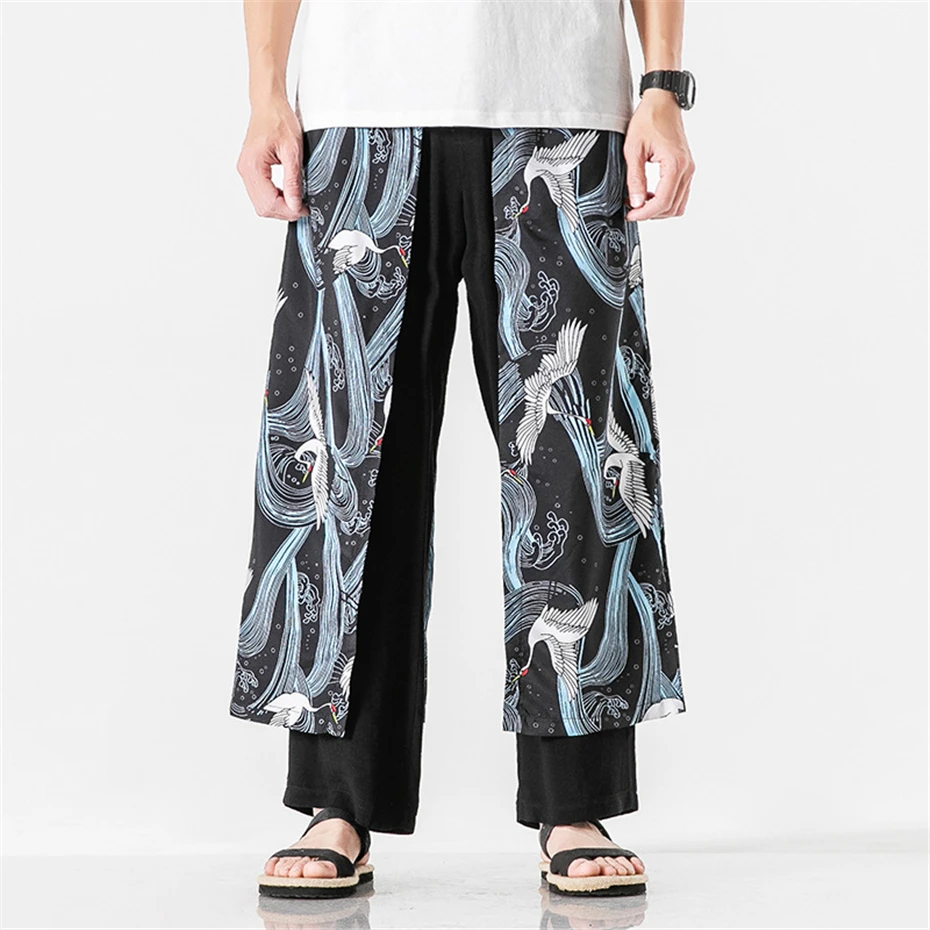 

Loose Pants Men Hip Hop Streetwear Two Pieces Wide Leg Pants Chinese Style Crane Print Trousers Fashion Casual