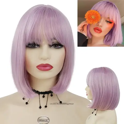 Syntetiskt hår Rosa peruker för kvinnor flickor Kort rak bobperuk med lugg Cosplay Halloween fest Lolita användning värmebeständig 10 best sales albedo peruk - №7