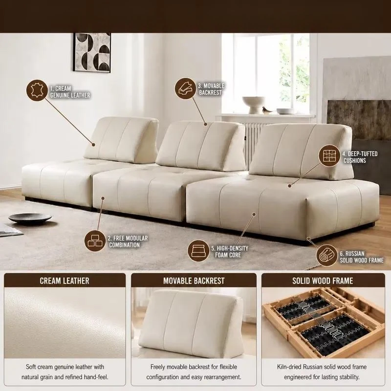 Modern 3 Seat Leather Upholstered Combination Sofa Square Double Sided Cushion Backrest Eco Friendly