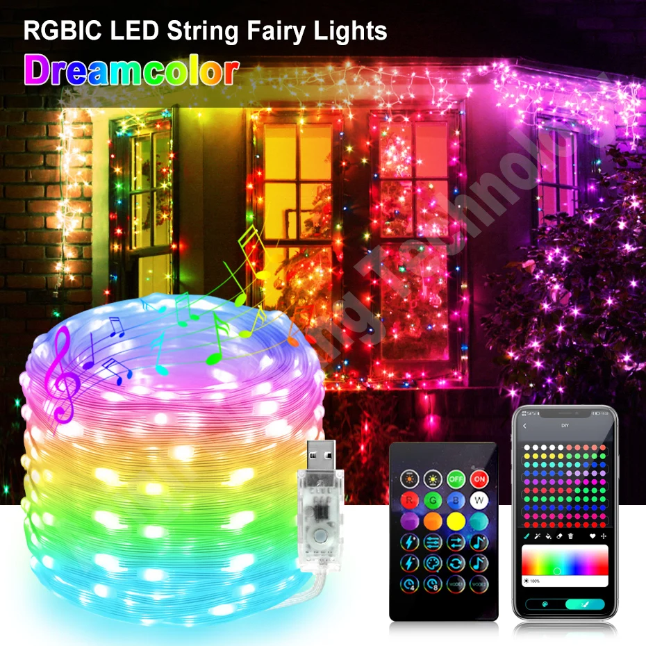 50m 25m 20m RGBIC Fairy Lights DC5V Dream Color LED String Bluetooth Smart Christmas Garland Light Waterproof for Party Room