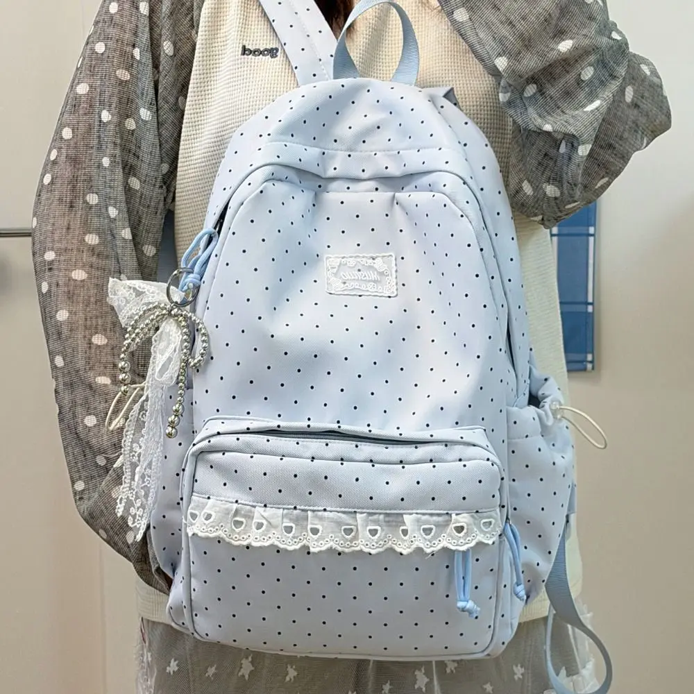 Modischer Süßer Polka-Dot-Rucksack mit Minimalistischem Schleifendesign und Spitzenbesatz, Leichter, Strapazierfähiger Schulrucksack für Schüler und Pendler – Detail 2