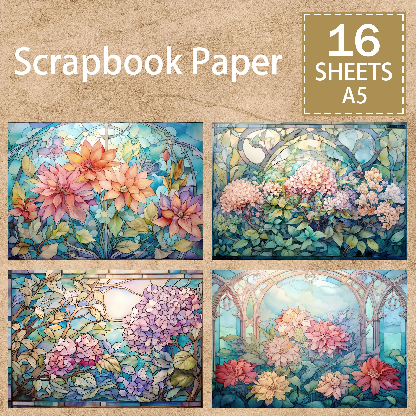 16 Sheets A5 Size Glass Flower Door Kettle Background Vintage Grunge Journal Planning Scrapbooking