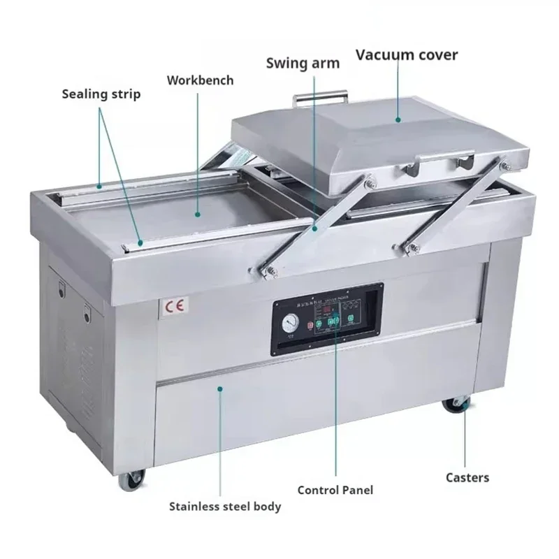 Máquina de envasado de alimentos al vacío de doble cámara, máquina de vacío comercial de gran escala, completamente automática, embalaje y sellado, 380V
