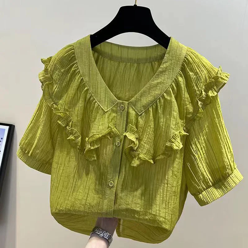 Sweet Peter Pan Collar Spliced Loose Ruffles Shirt Female Clothing 2023 Summer New Casual Tops Solid Color Office Lady Blouse