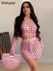 Conjunto de vestido de malha sexy oco para lantejoulas de praia feminino, tops para encobrir glitter, mini saia, 2 peças, roupas de clube noturno