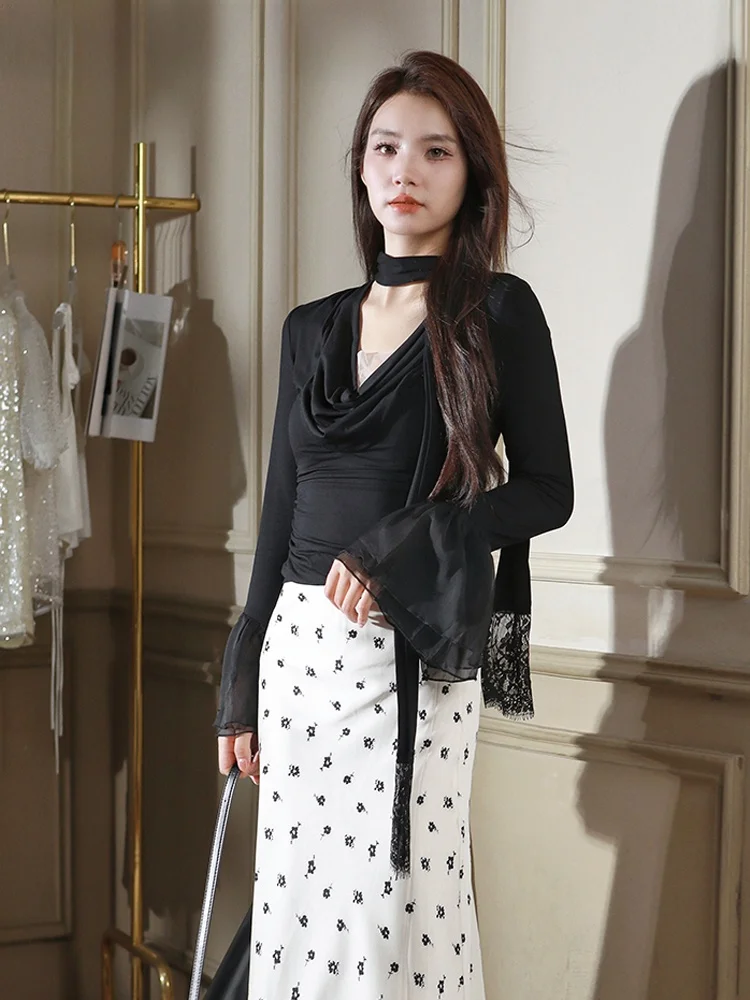 

Bla Sa Swinging Collar T Top Women's Spring New Elastic Pleated Slimming Ele Korean Sle Long Sve T-irt