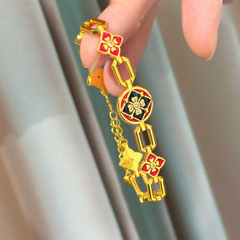 Роскошный браслет из настоящего золота 9999 пробы (24K) серии Wanxiang в стиле Old Money с цветочным узором, легкий эмалевый браслет класса люкс для женщин