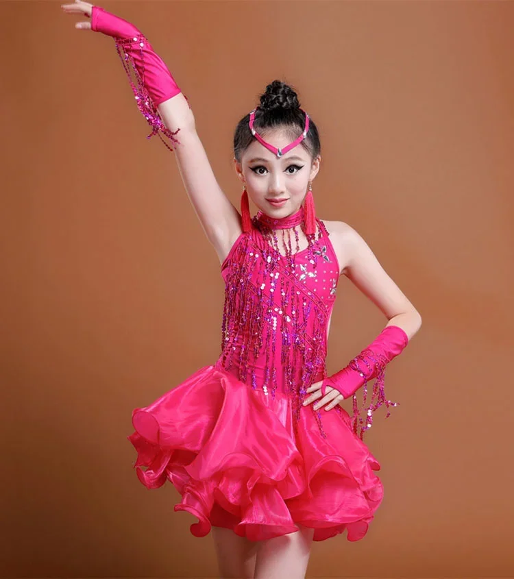 Girls Kids Latin Dance Competition Dresses New Style Costume Fringe Tassel Stones Dress