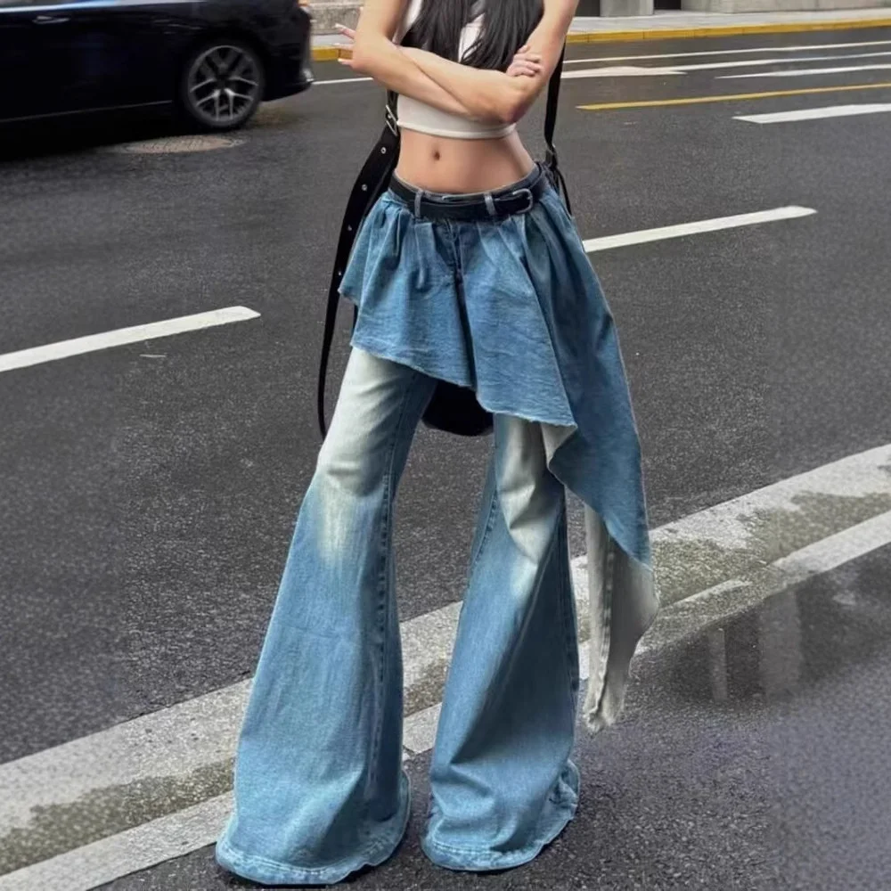 

Blue fake two-piece jeans female autumn and winter 2024 new retro niche design sense irregular skirt flared pants wide-leg pants