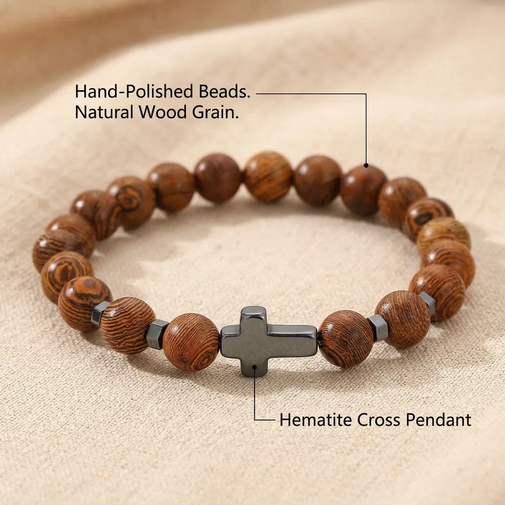 8mm Natural Wenge Wood Hematite Cross Bracelet for Men Women Beaded Stretch Rosary Religious Wooden Fashion Stone Jewelry