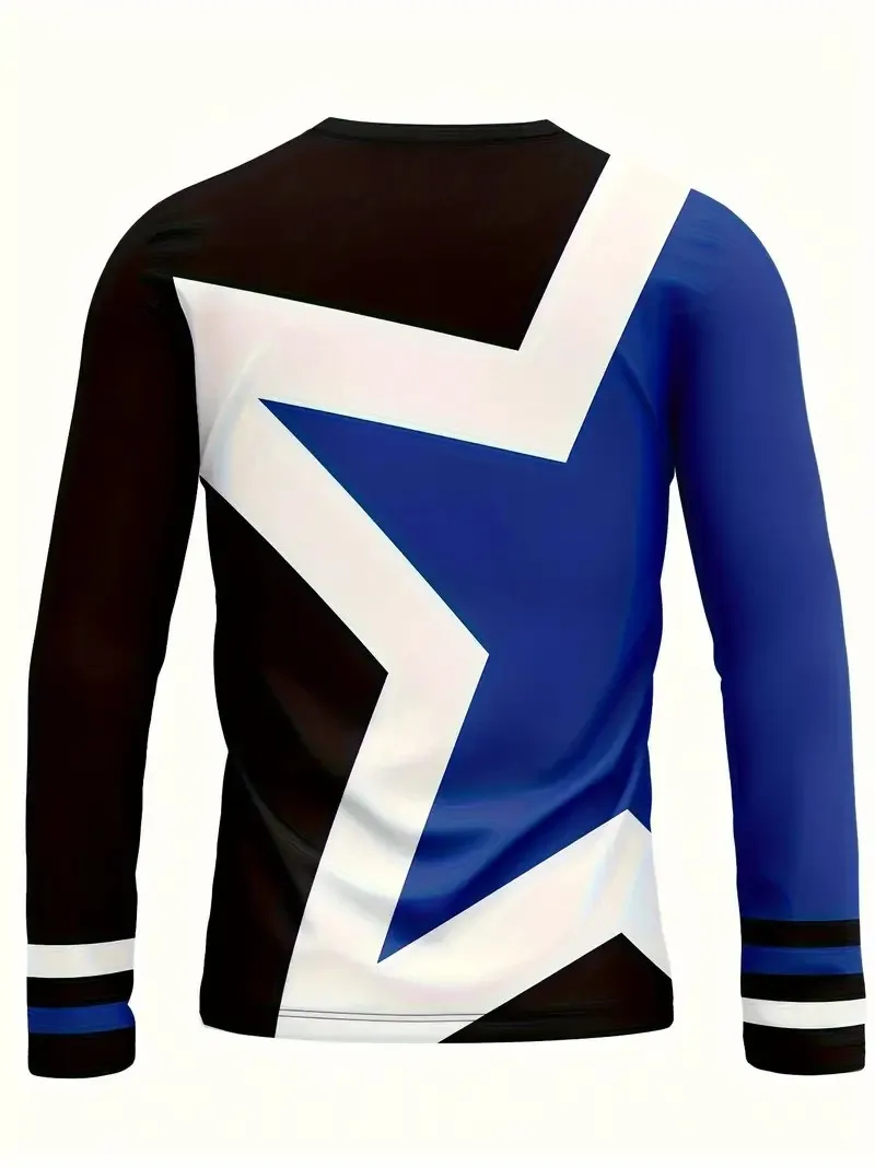 تي شيرت رجالي جديد بأكمام طويلة لربيع وخريف 2025 كاجوال ومريح مع طباعة بنمط نجوم ثلاثية الأبعاد